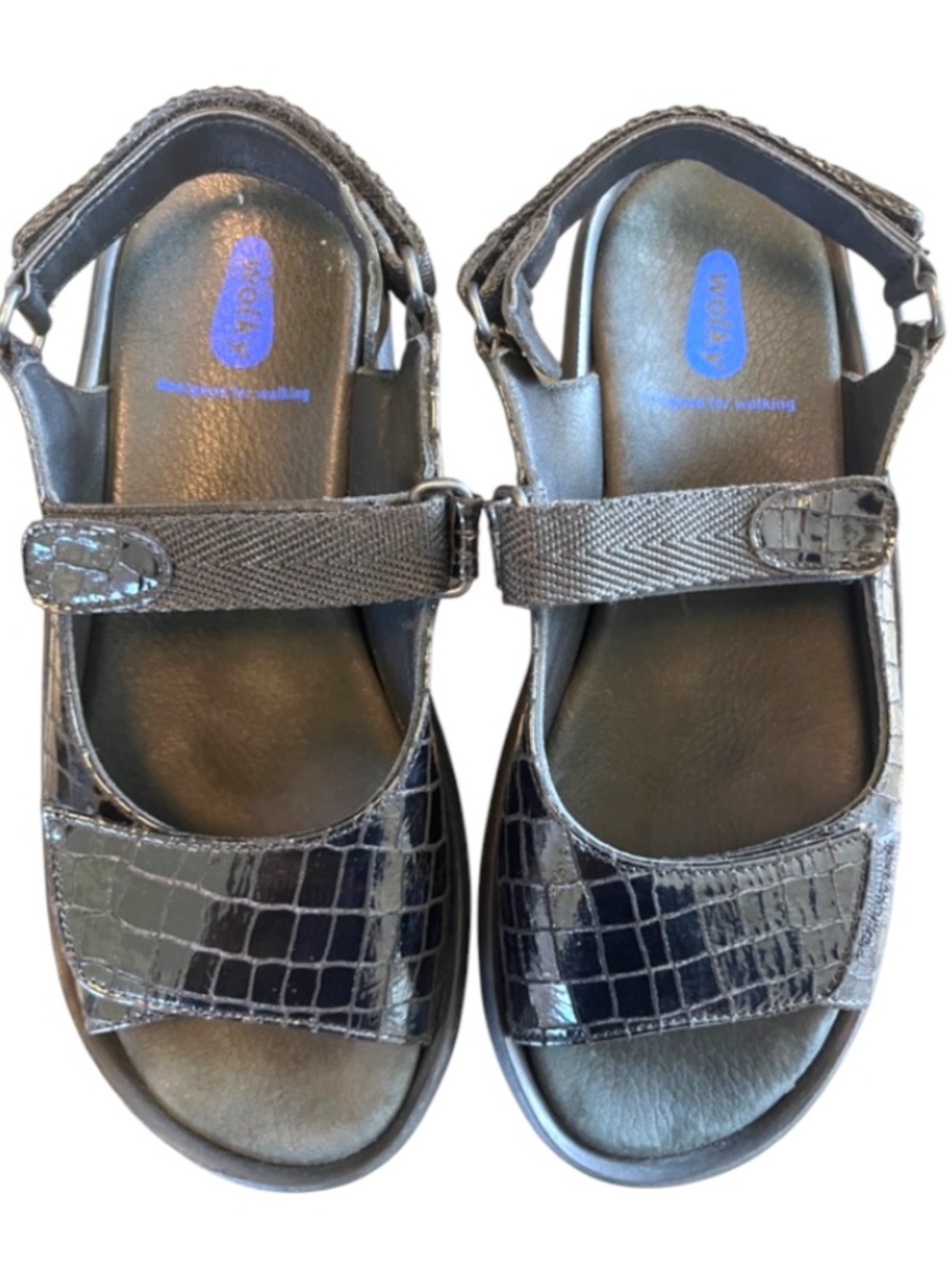Wolky Black Sandals with Croc-Texture Straps Sz 39